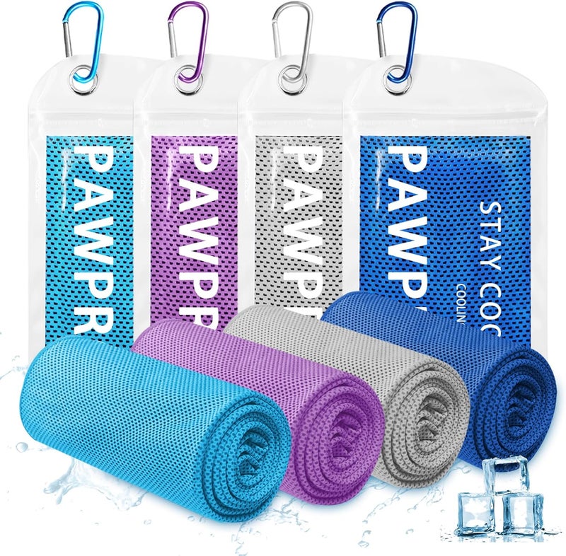 PAWPRO 4 Packs Cooling Towels(40"x12"), Soft Breathable Cooling Towels for Neck and Face with Waterproof Bag & Carabiner, Microfiber Cooling Towel for Yoga, Sport, Running, Gym, Workout, Camping, Fitness - Image 1